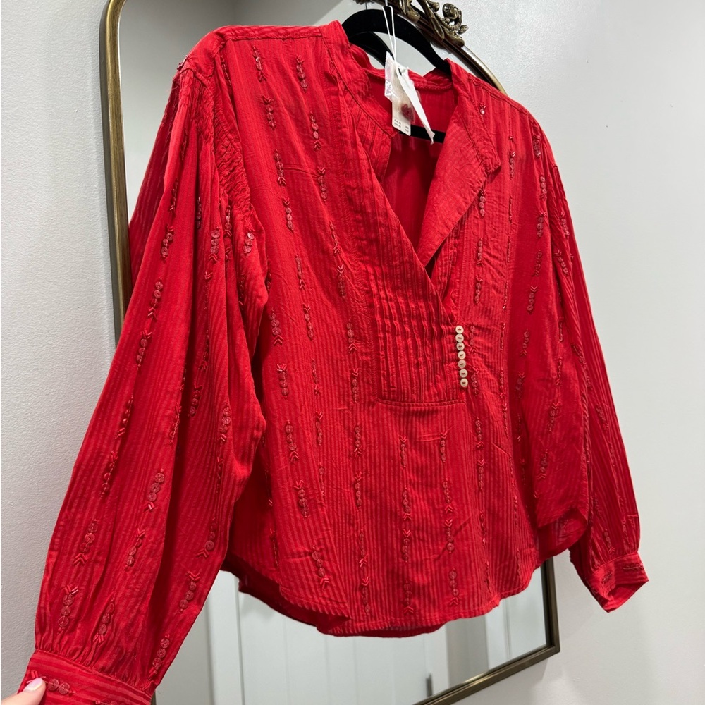 Anthropologie Red Beading Detailed Top